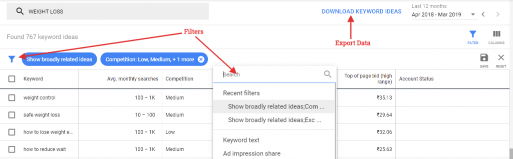 Google Ads Keyword Planner filter and data export